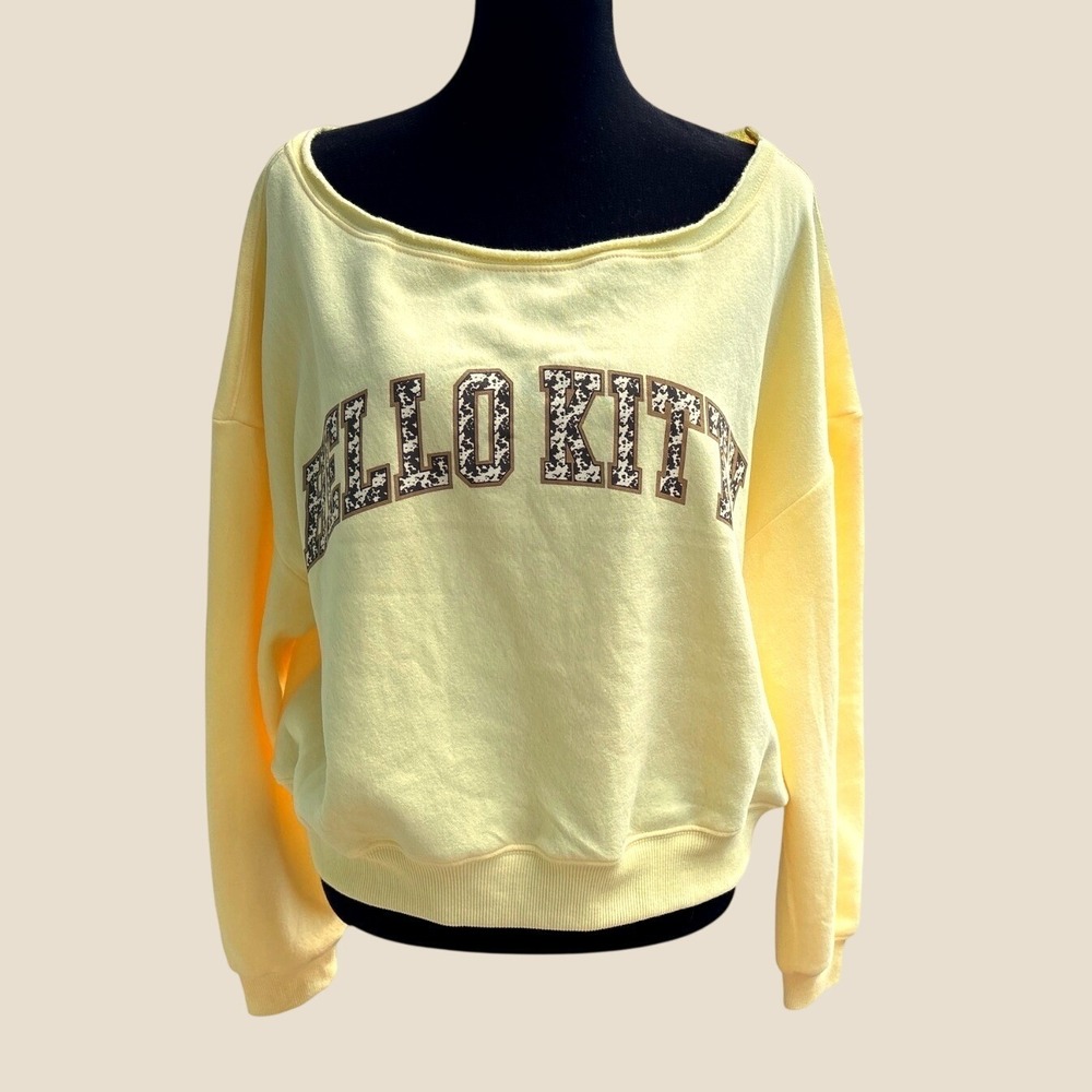 Grayson Threads Yellow Off-Shoulder Hello Kitty Cow Print Sweatshirt, Medium